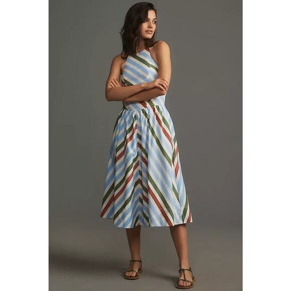 NWD Anthropologie Maeve Halter Striped Midi Sundress Size XS Open Back #8F403 - Picture 1 of 12